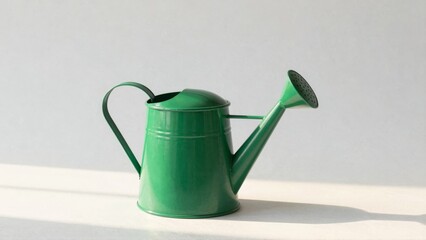 Green metal watering can on white surface