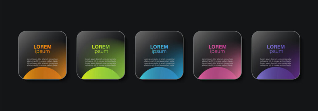 Dark glass horizontal infographic template with 5 step processes. Modern dark design layout for data visualization.