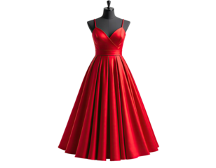 Elegant red evening gown on a mannequin, full skirt, spaghetti straps