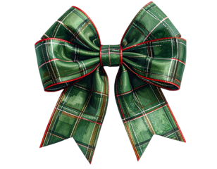 Watercolor illustration of a large, green tartan plaid bow with red trim, isolated on black