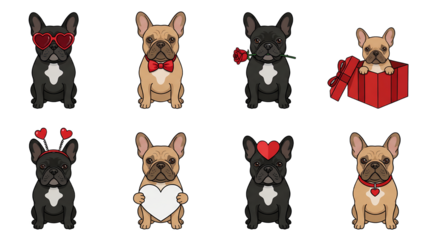 French bulldog puppy set including black and fawn dogs with hearts, roses, bow tie, and gift box isolated. Valentine day and romantic pet collection.