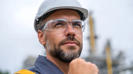 Experienced male engineer in hard hat and safety glasses contemplating future industrial projects outdoors