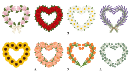 Floral heart wreath set including rose, sunflower, tulip, daisy, lavender, and peony designs isolated. Decorative botanical frames for wedding and romantic greeting cards.