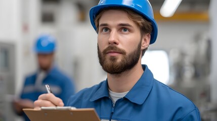 A focused male engineer in a blue uniform and hard hat holds a clipboard and pen observing in a factory setting