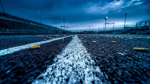 Pills scattered on running track at night under stadium lights highlight contrast between athletic performance and dangerous doping abuse in sports