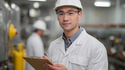 A diligent factory engineer inspects production data on a clipboard in a manufacturing facility