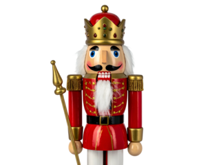 A regal wooden soldier figurine in red, gold, and white, holding a staff