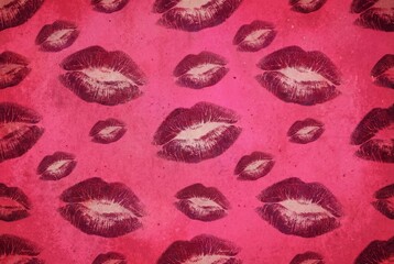 Pink lipstick kiss marks pattern background with grunge romantic texture
