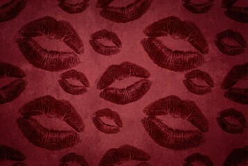 Pink lipstick kiss marks pattern background with grunge romantic texture

