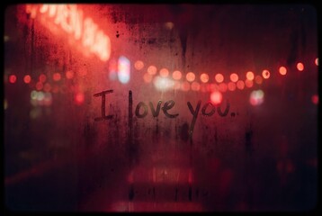 I love you foggy window text with red bokeh lights and moody film grain
