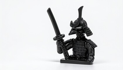 Monochrome Samurai Warrior Figurine with Katana on White Background.