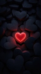 Glowing red heart among dark 3d hearts background with dramatic contrast

