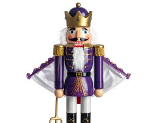 Festive nutcracker figure, regally attired in purple, holding a staff, on black background