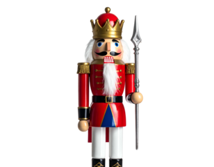 A classic wooden Christmas nutcracker soldier, wearing red uniform, crown, holding a spear