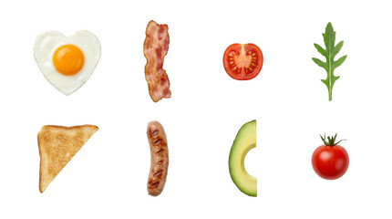 Breakfast food set including heart shaped egg, bacon, sausage, toast, avocado, tomato, and arugula isolated. Morning meal ingredient collection.