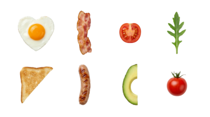 Breakfast food set including heart shaped egg, bacon, sausage, toast, avocado, tomato, and arugula isolated. Morning meal ingredient collection.