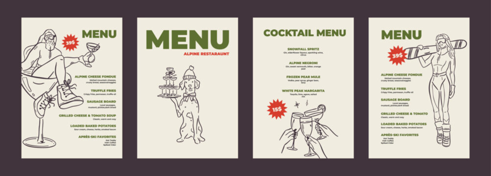 Hand drawn winter ski and apres ski poster in whimsical doodle style. Includes skiers, snowboard, clothing, equipment, cocktails and holiday elements. Cute line art, vintage background