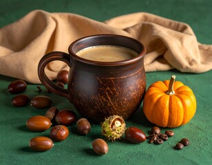 Rustic mug of coffee, miniature pumpkin, acorns, chestnuts, on green surface