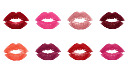 Lipstick kiss prints set including red, pink, nude, coral, and plum shades isolated. Beauty and cosmetics makeup collection.