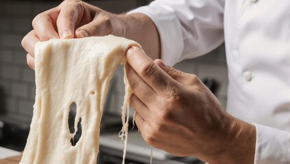 Skilled chef hands expertly stretching thin elastic pizza dough.