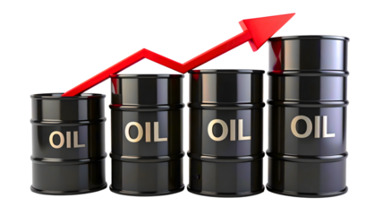 PNG Oil barrels stacked with rising red arrow, isolated on transparent background