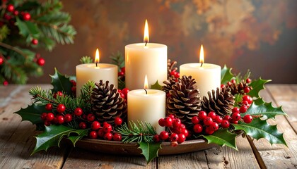 Lit candles with holly, pinecones, and berries on a wooden table, warm, festive