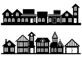 Various architectural house styles in black silhouette on white background