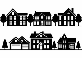 Modern suburban neighborhood with various house styles and trees
