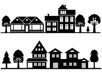Black silhouettes of houses and trees on white background