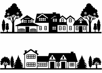 Black and white silhouette of houses with trees and fences