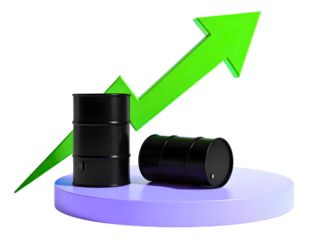 Oil barrels with green rising arrow growth png