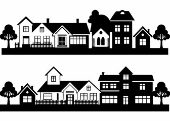 Black and white houses with trees and fences in neighborhood