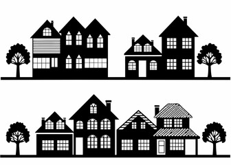 Black silhouettes of various houses with trees on white background