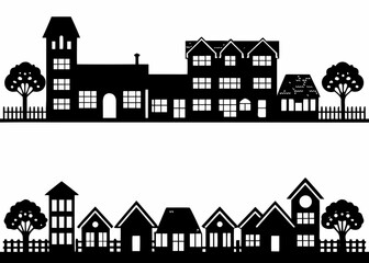 Black silhouette of houses and buildings with trees and fences