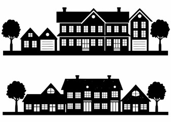 Silhouette of modern houses with trees on white background