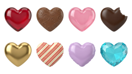 Heart shape collection including glass, chocolate, gold, candy, balloon, and gemstone styles isolated. Romantic decorative elements set.