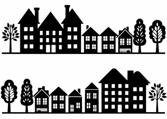 Black silhouette of houses and trees on white background