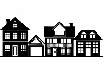 Row of modern houses with garage and varied architectural styles