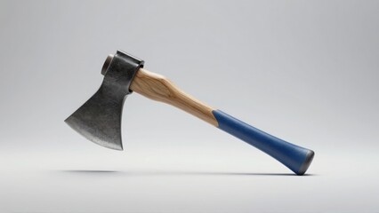 Woodenhandled axe with blue grip on gray background