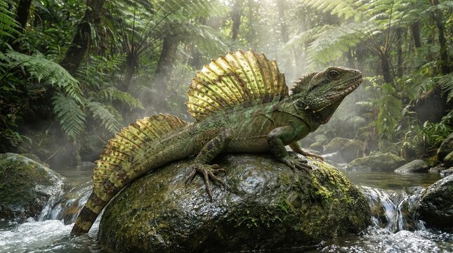 Sailfin Dragon lizard standing on river rock in tropical rainforest