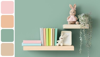 Bookshelves with toy bunnies and plant on green wall. Different color patterns © Pixel-Shot
