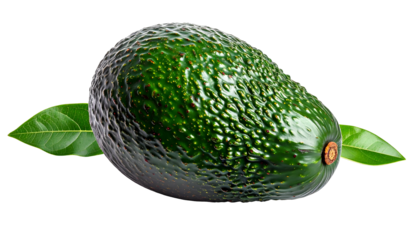 Isolated green avocado with rough skin and two leaves on a black background