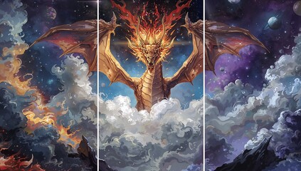 Epic dragon triptych in oil painting style, center panel dragon emerging from clouds, side panels filled with fire, smoke, and celestial skies