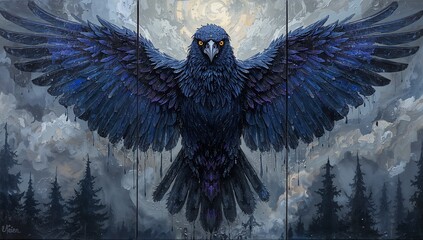 Mystical raven triptych with the raven centered in oil textures, while feathers dissolve into omens and shadowy skies on side panels.