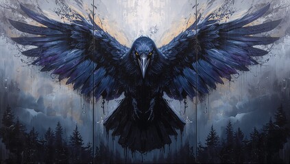 Mystical raven triptych with the raven centered in oil textures, while feathers dissolve into omens and shadowy skies on side panels.