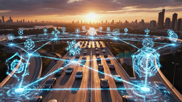 Highway with cars and futuristic network overlay at sunset representing intelligent transportation system