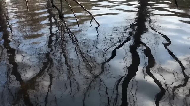 Timelapse of branches reflected in water, ripples distorting their shapes as the wind blows, dynamic natural motion, cinematic water reflections, artistic abstract nature visuals for serene and ambien