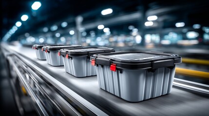 Containers move steadily on a conveyor belt, showcasing efficient logistics in a bustling warehouse environment