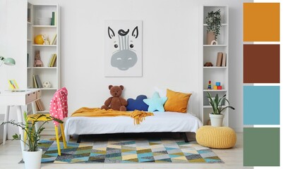 Interior of children's room with bed and bookshelves. Different color patterns © Pixel-Shot