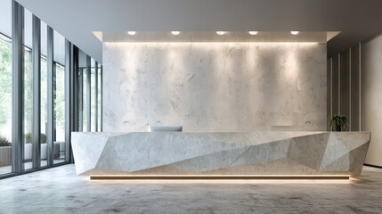 Minimal reception interior with sculpted stone counter under top-light ambient occlusion sharpening wall reflections shimmering on polished metallic